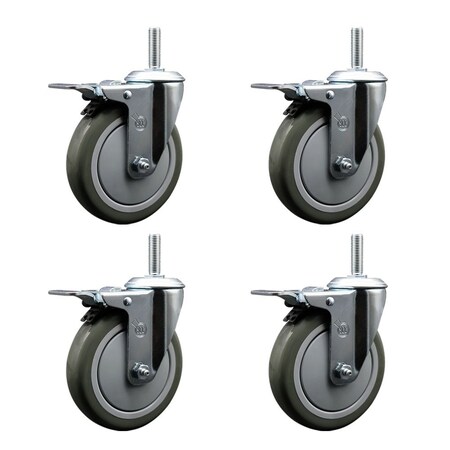 Service Caster 5 Inch Gray Polyurethane Swivel 34 Inch Threaded Stem Caster Set with Total Lock Brake SCC-TSTTL20S514-PPUB-34212-4